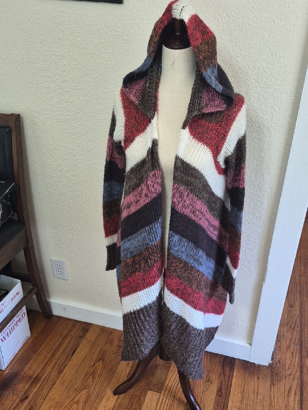Striped Hooded Knit Cardigan Sweater - Multi-Color